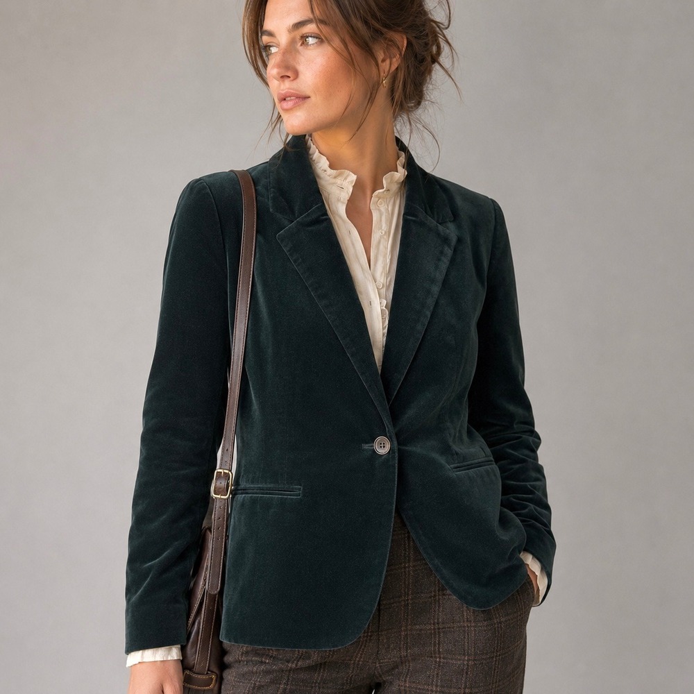 Old Navy Velvet Blazer Womens Large Cotton Blend Dark Academia Green